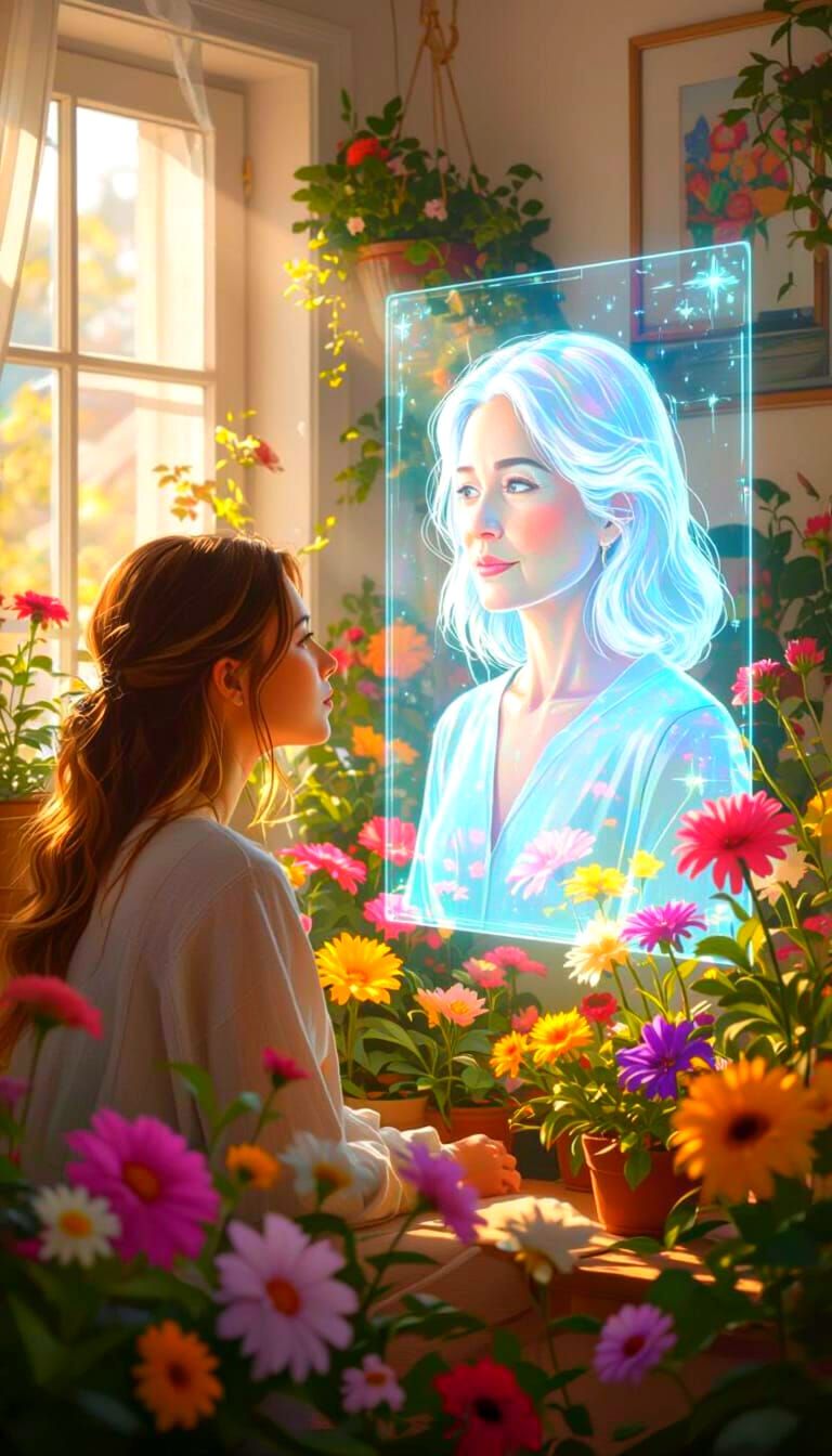 Woman Gazes at Hologram of Older Self in Floral Room