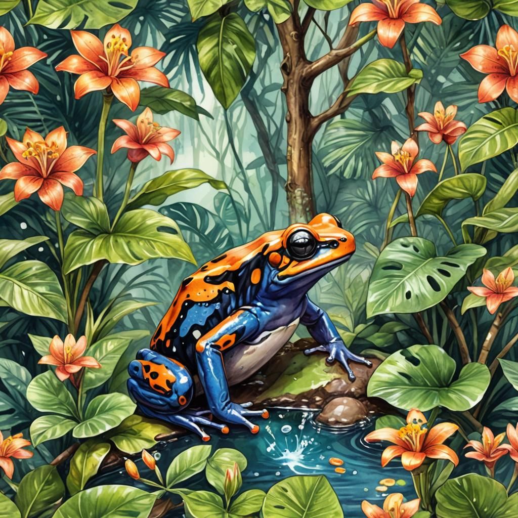 Elephant Frog Hybrid in Jungle Flower, Watercolor Comic