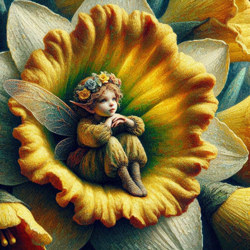 Thumbelina in Daffodil, Impasto Oil Painting