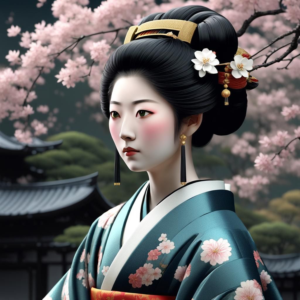 A noblewoman from the Heian period of Japan. She is contemplative while wearing a beautiful twelve-layered kimono. Her h...