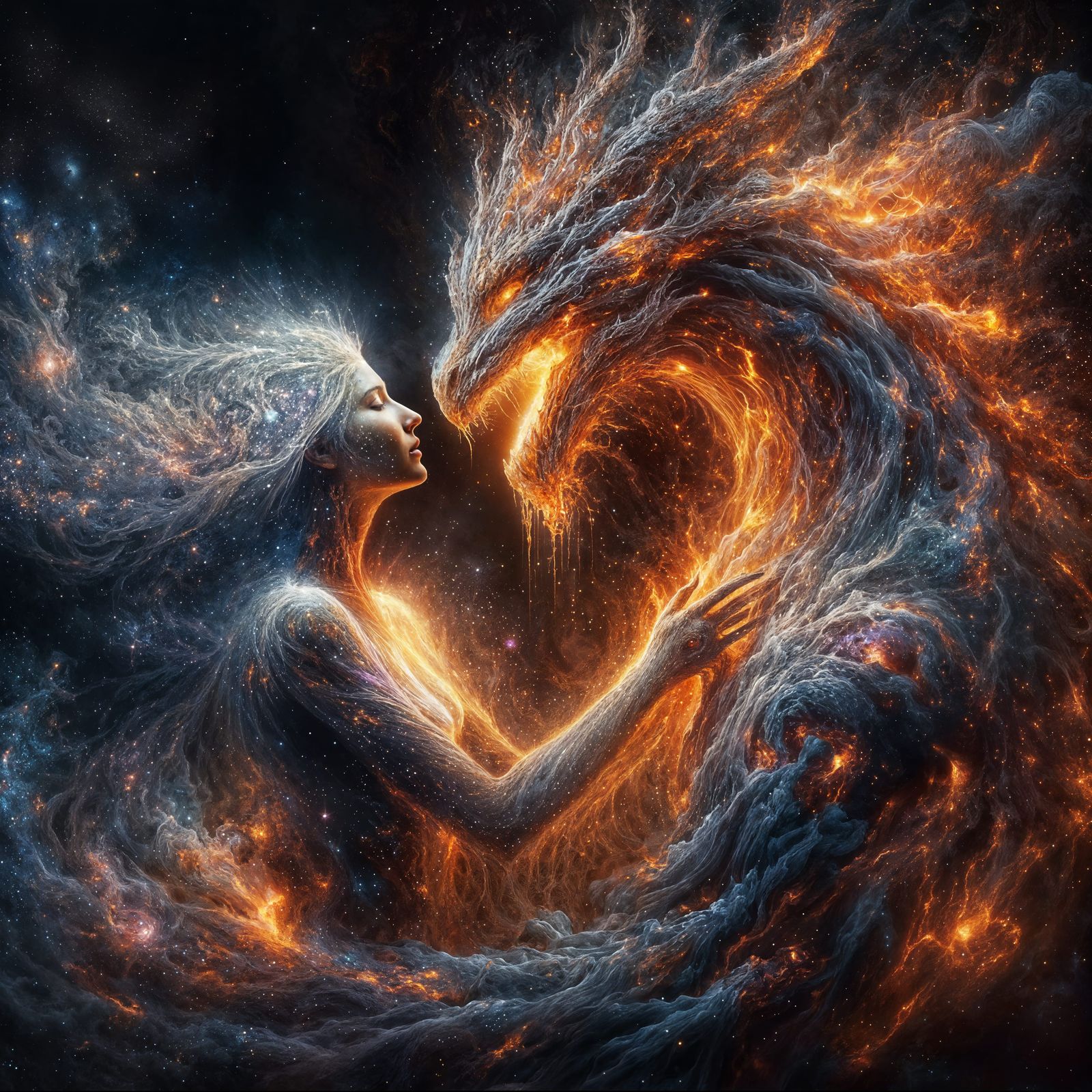 Celestial Goddess Embraces Fiery Dragon