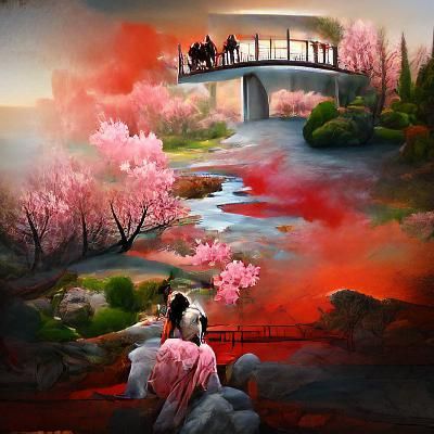 Japanese Garden with Geisha and Cherry Blossoms