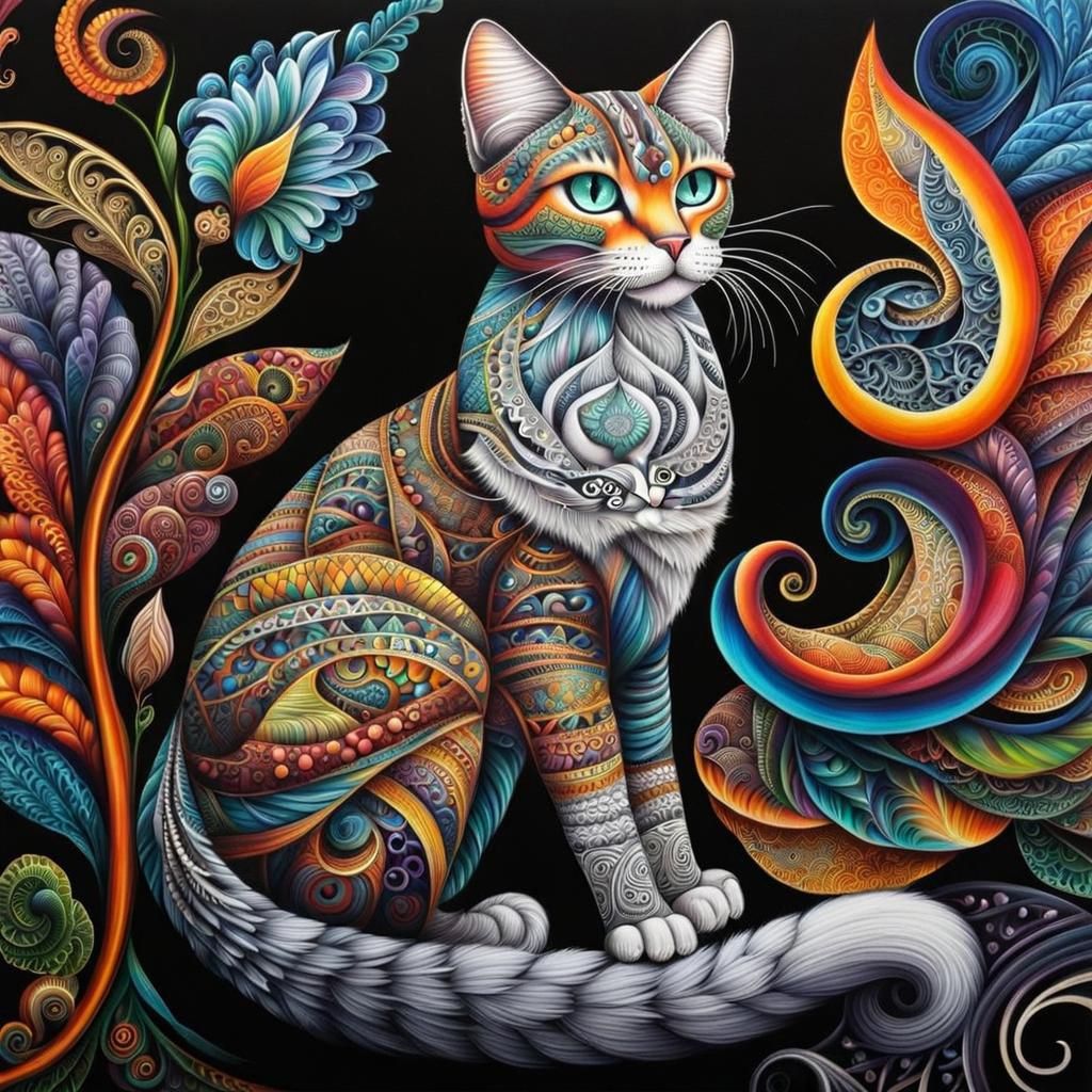 Magnificent Zentangle Cat in Detailed Airbrush Painting
