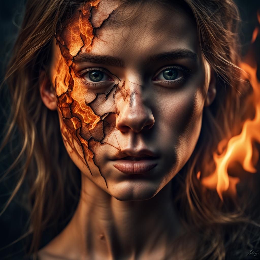 Fiery Cracks: Hyperrealistic Portrait of a Young Woman