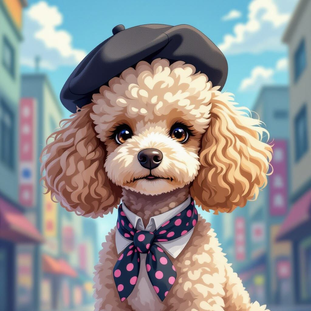 Stylish Anime Poodle in Pastel Cityscape