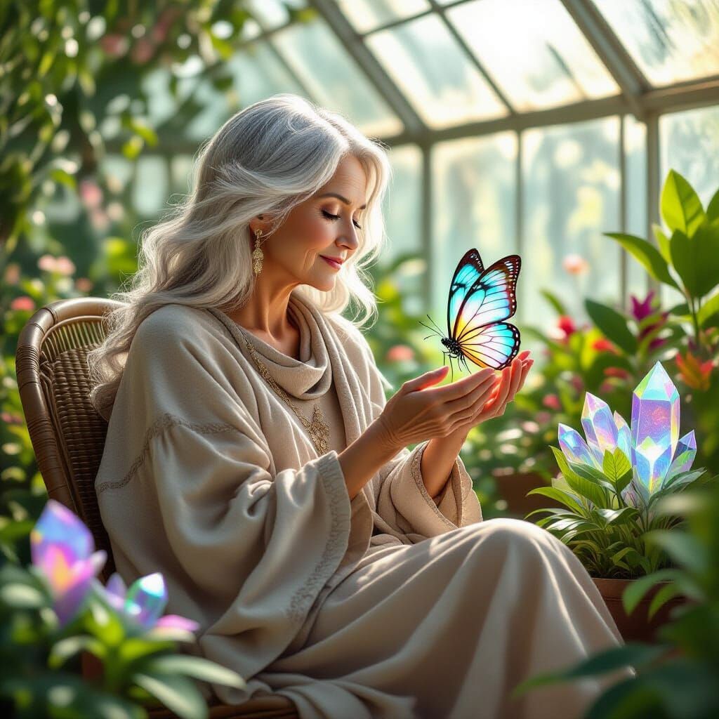 Elderly Woman with Bioluminescent Butterfly in Greenhouse