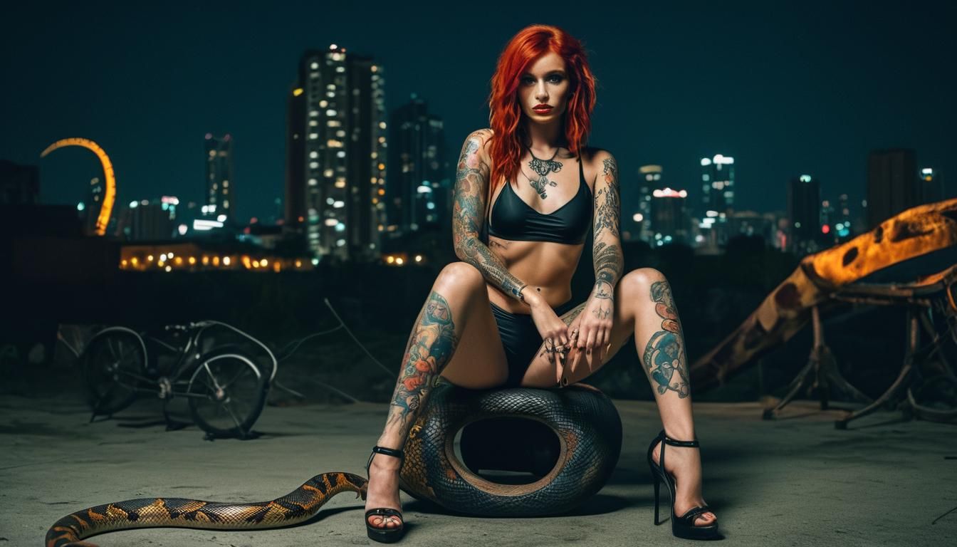 Tattooed Woman with Snake in Dystopian City