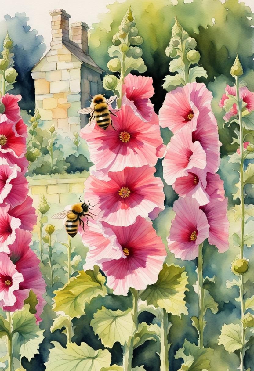 Bee on Hollyhock Watercolor Painting in Cotswold Garden