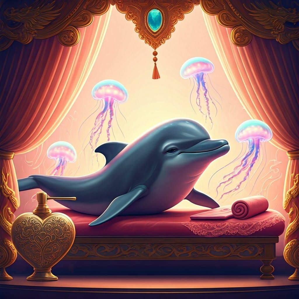 Relaxing Cartoon Dolphin in Chinese Spa Setting
