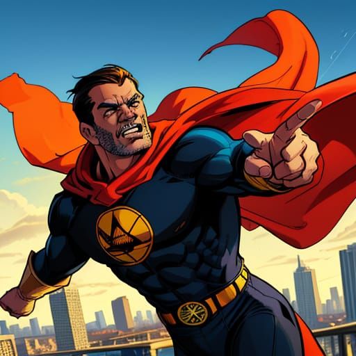 Superhero Dad Soaring Through Cityscape, Comic Book Style