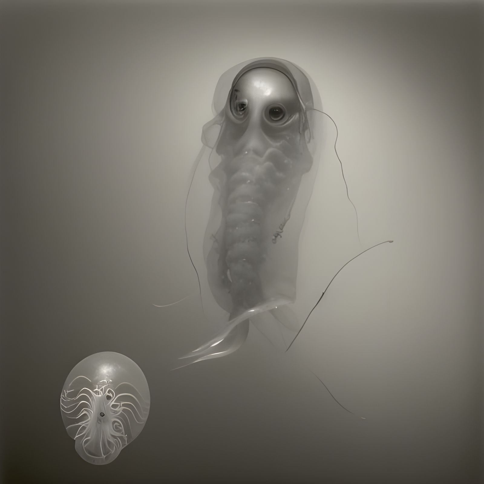 Lonely Cyborg with Jellyfish in Translucent Mirrors