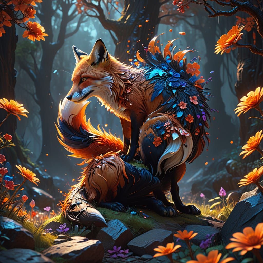 Surreal Fox in Vibrant Love Forest, Popart Style