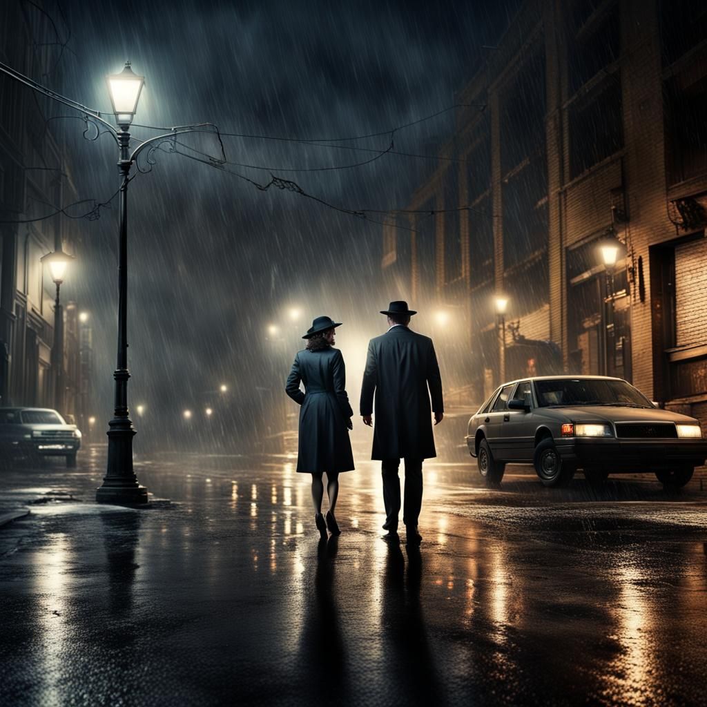 Detectives at Rainy Murder Scene: Hyperrealistic Crime Scene