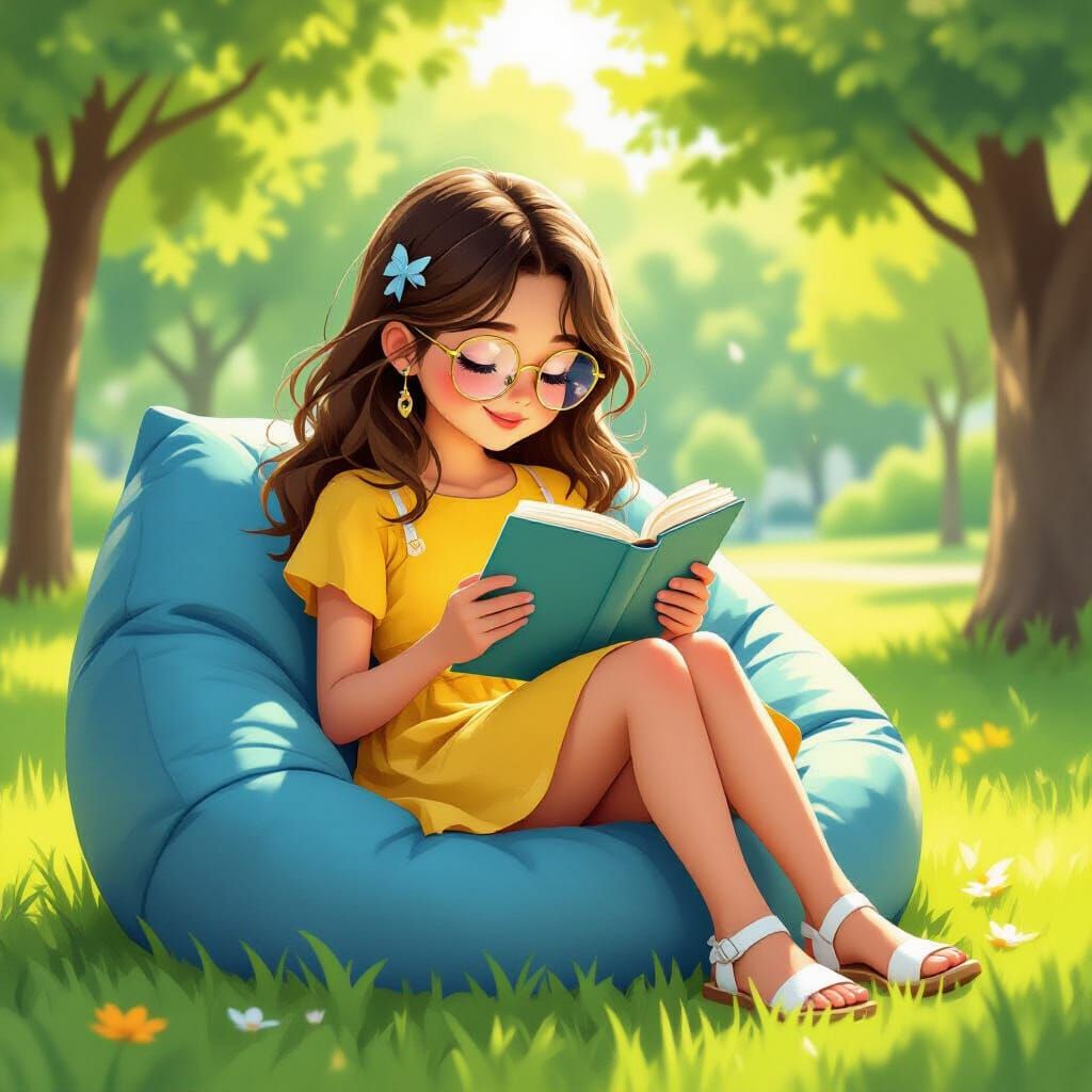 Girl Reading in Park on Beanbag Chair