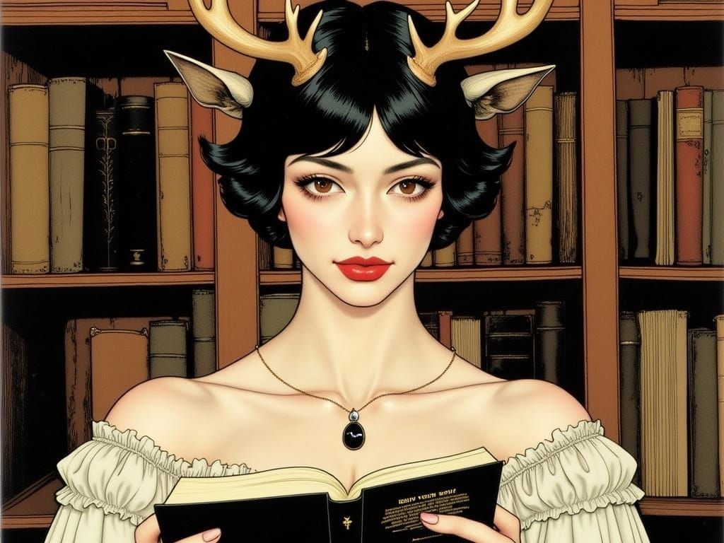 Surreal 50's Pin-up Girl Reads in a Gilded Library