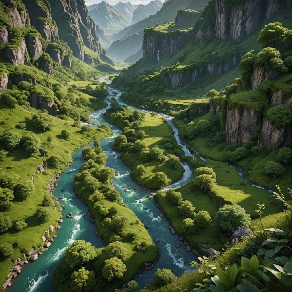 Hyper-Realistic Green Valley with River