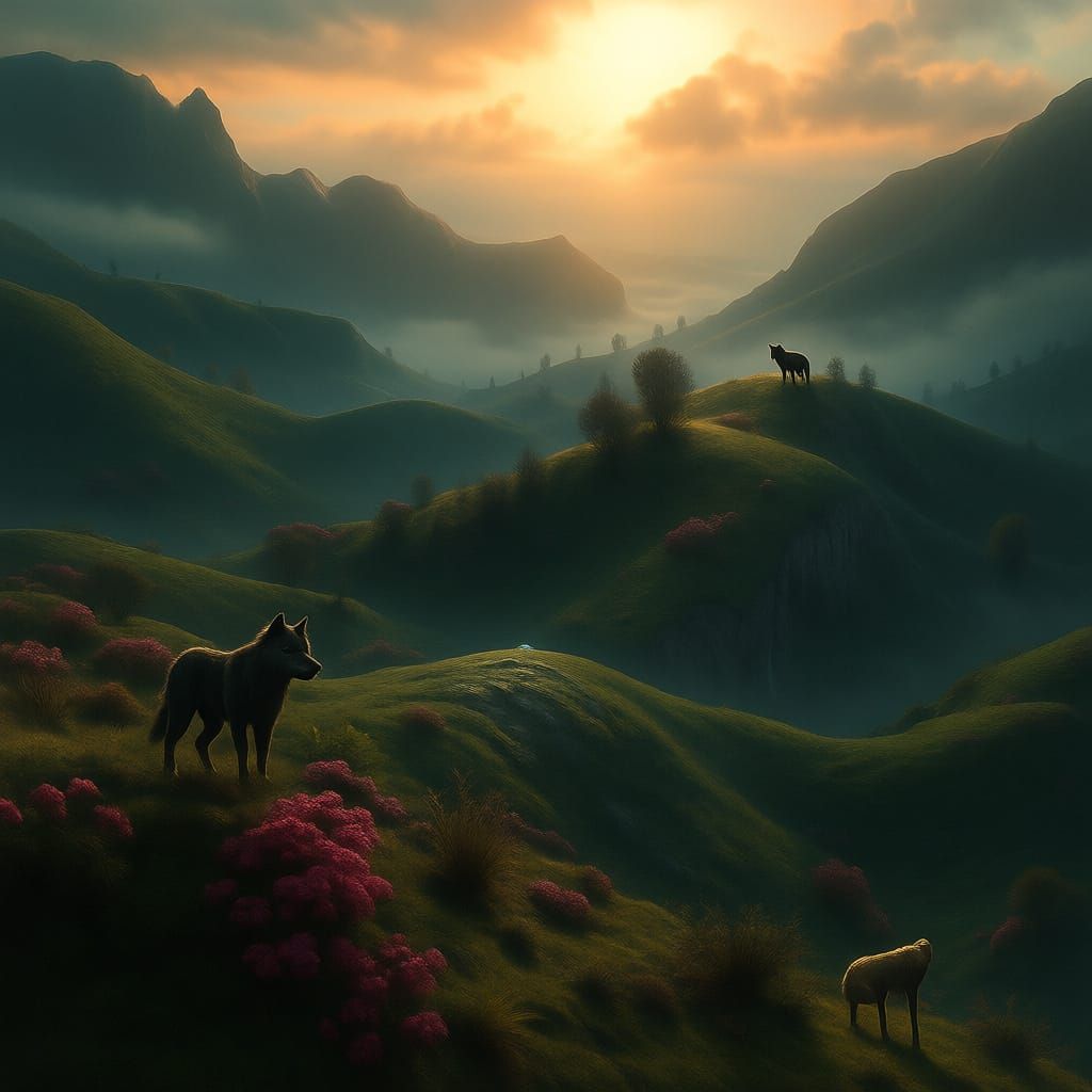 Roger Dean. Fog-covered hillside with mysterious fantasy pla...