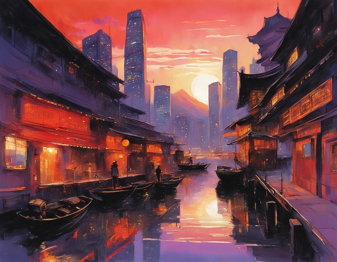 Neo-Futurist Hong Kong Cityscape at Dusk