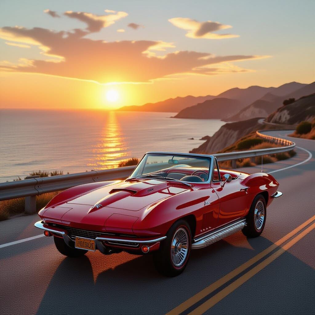 Crimson 1967 Corvette on Coastal Highway at Sunset