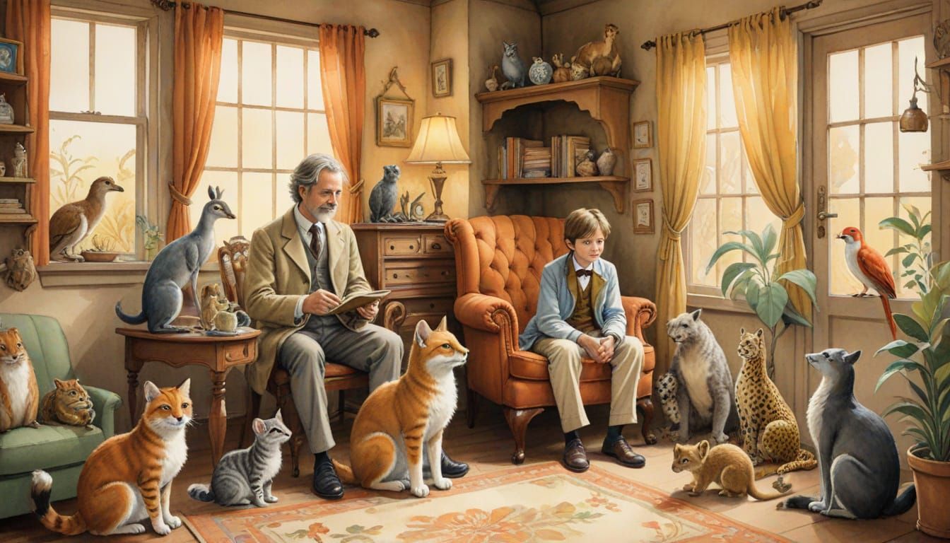 Doctor Dolittle Surrounded by Exotic Friends in Vintage Wate...