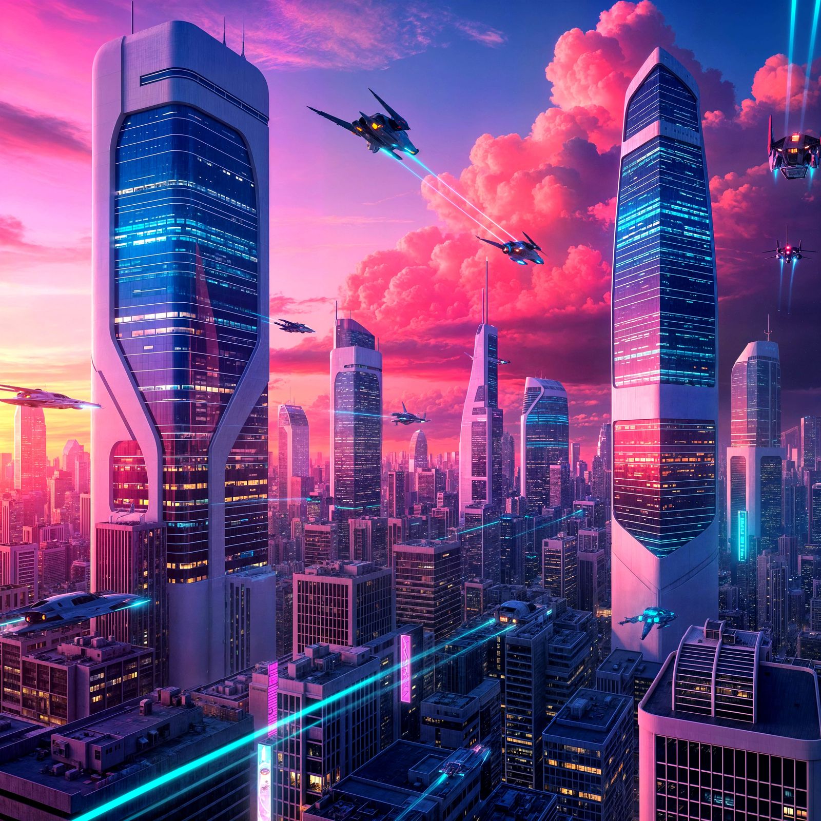 Synthwave Cityscape at Sunset in Retrofuturistic Style