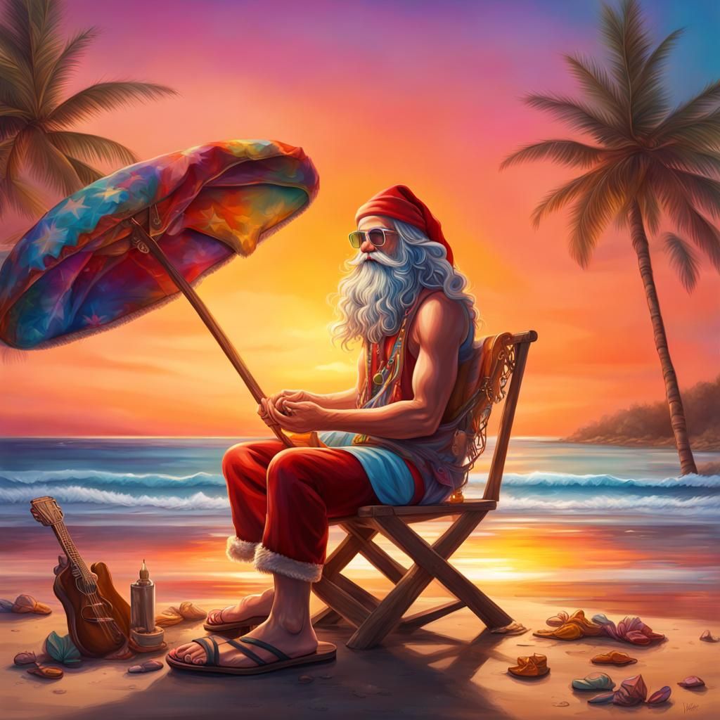 Hyperrealistic Hippie Santa on Beach at Sunset