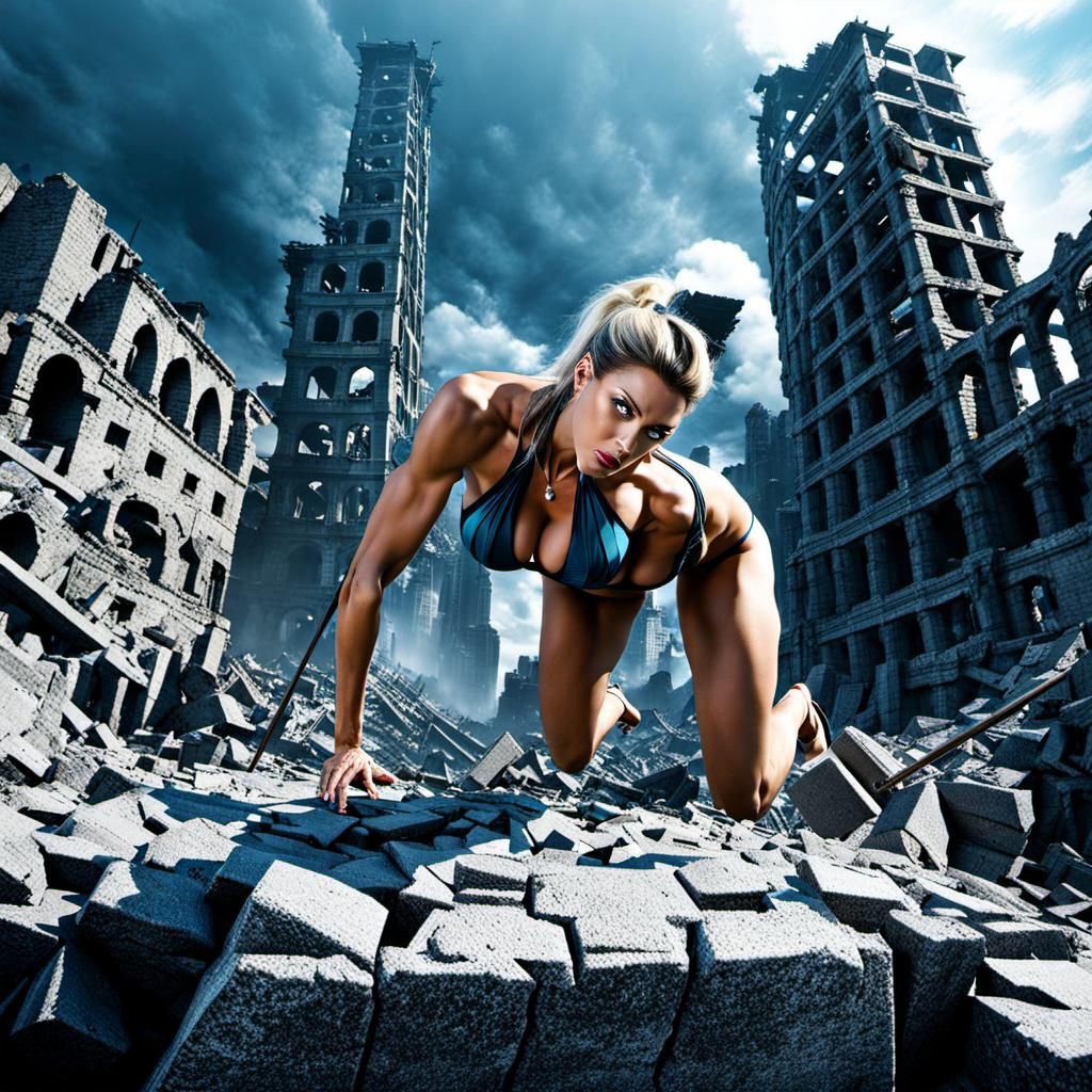 Menacing Giantess Crawls Through Ruined City