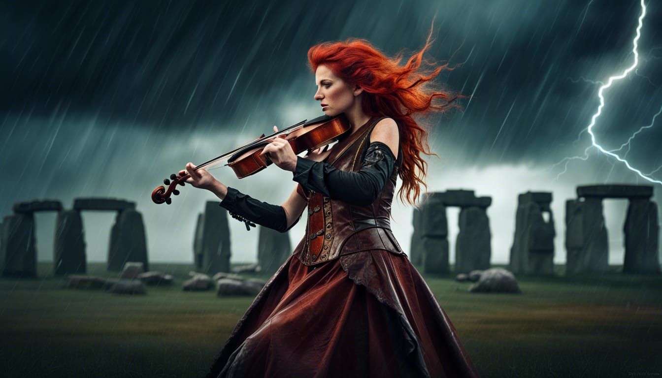 Steampunk Violinist at Stonehenge in a Storm