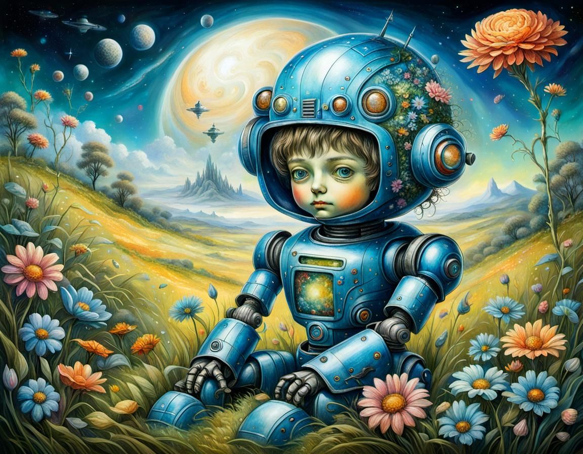Lonely Robot Boy in a Whimsical Landscape