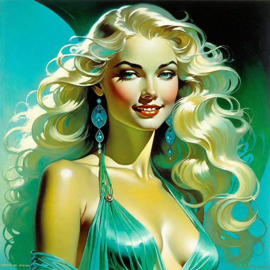 Art Nouveau Woman in Cyan and Seafoam-Green