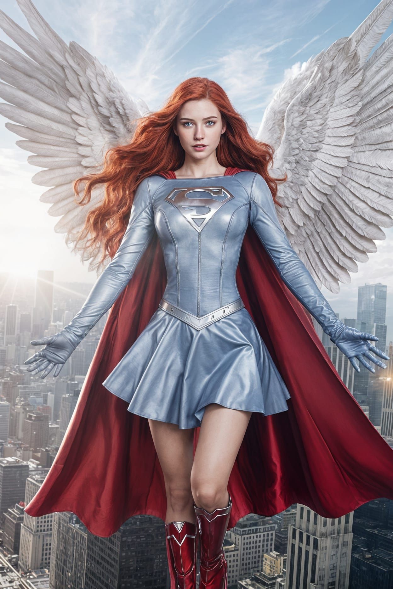 Red-Haired Supergirl Soaring Above Central City