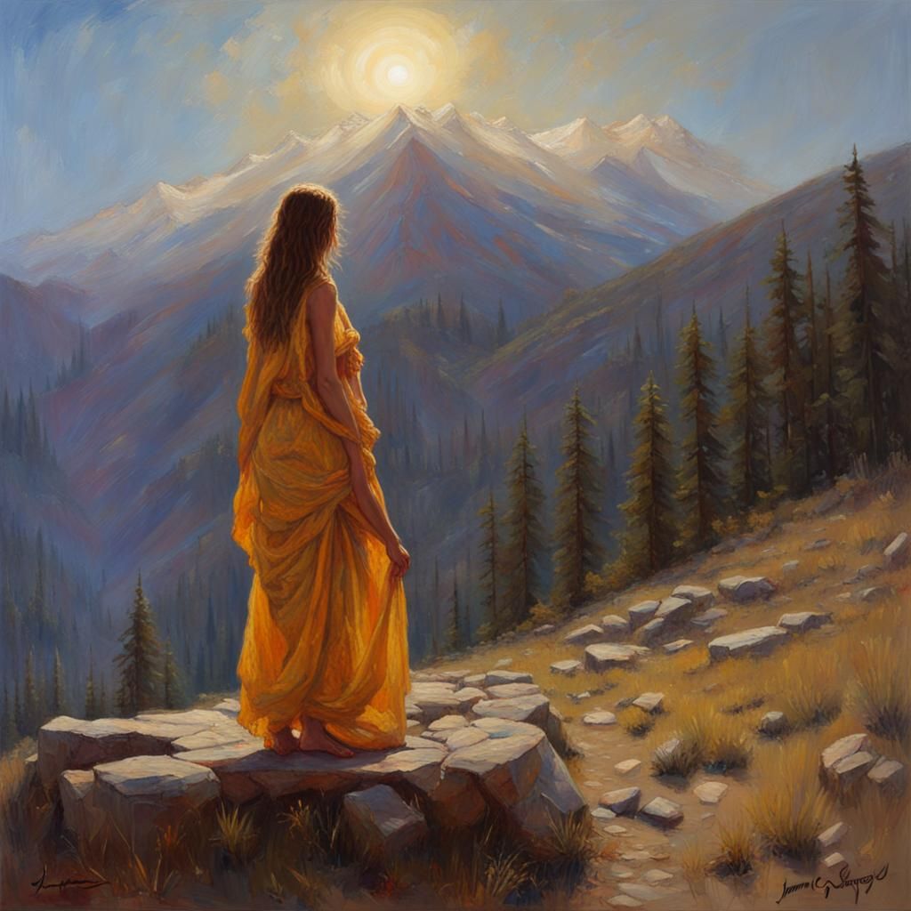 Woman on Mountain with Illuminati Symbol: Oil Painting