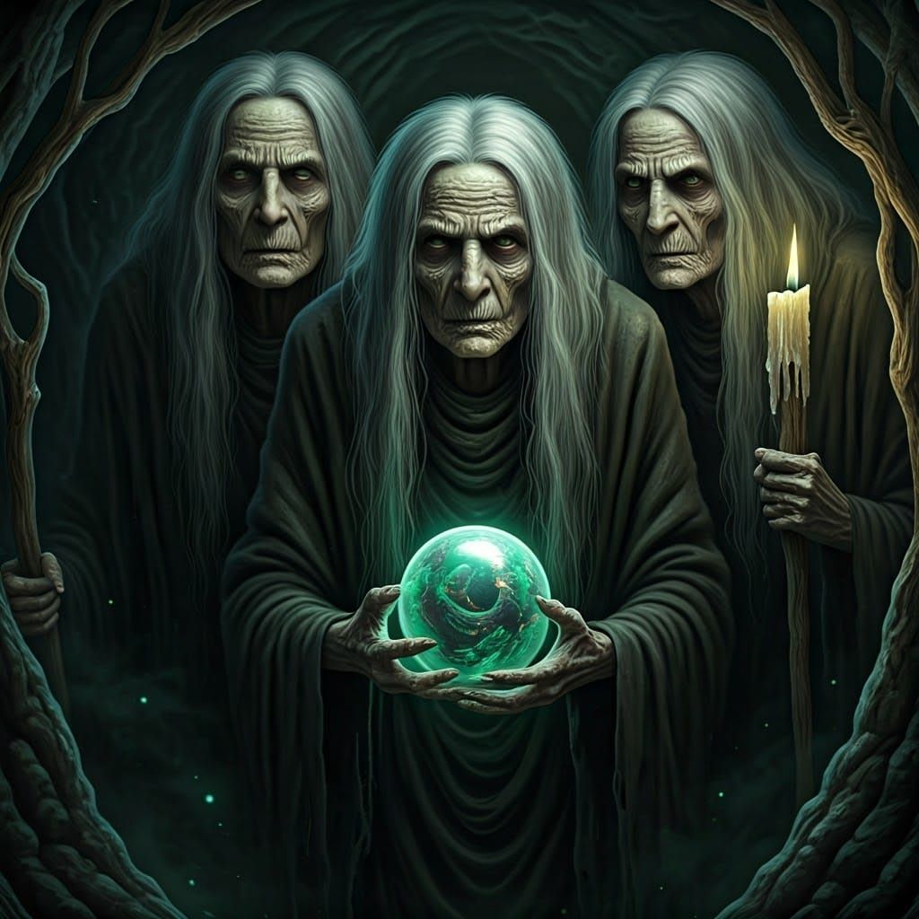 Eerie Gathering: Three Witches in Subterranean Cavern
