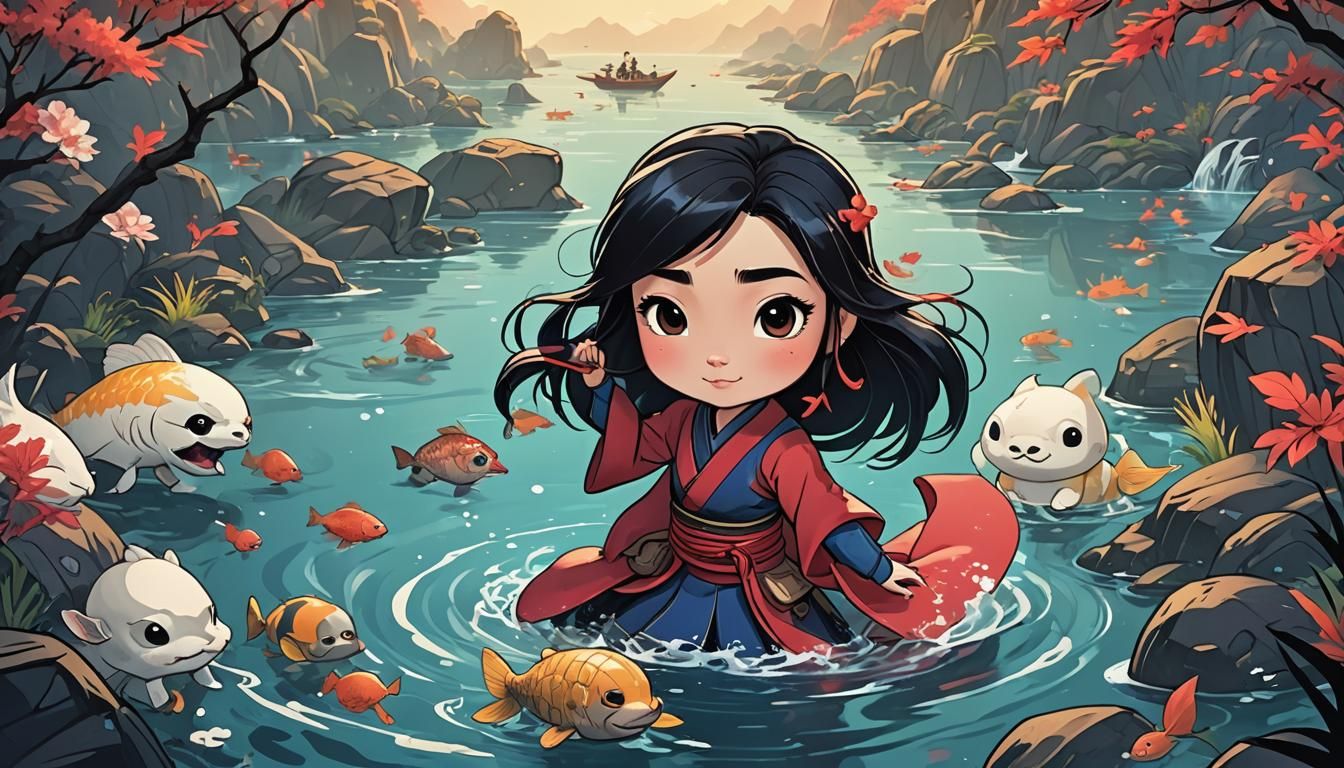 Mulan Chibi Snorkeling: Cel-Shaded Manga Art