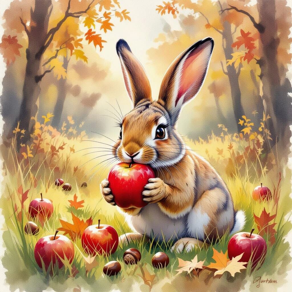 Whimsical Hare Eats Apple in Autumn Forest Alcohol Watercolo...
