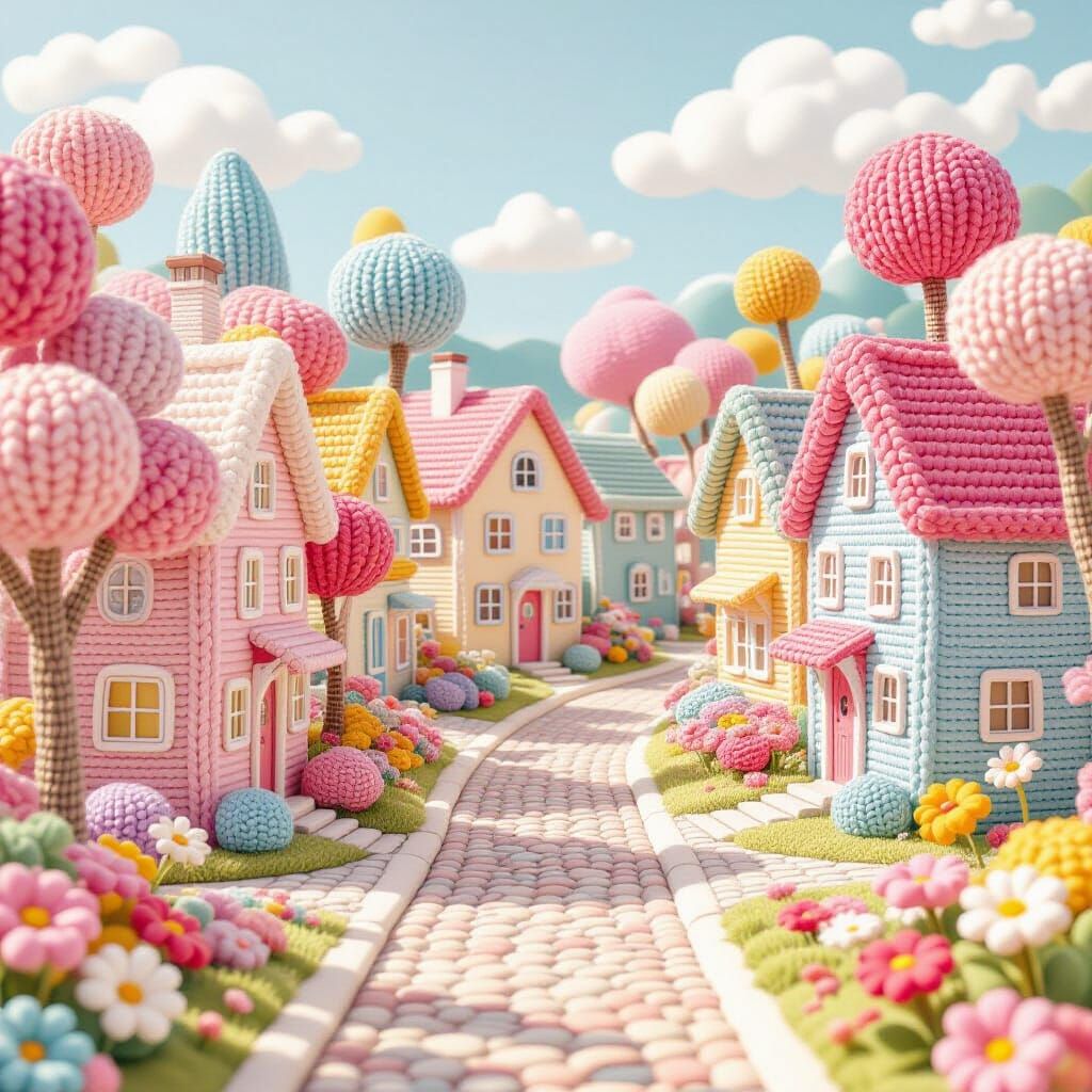Whimsical Yarn Village with Knitted Trees and Flowers