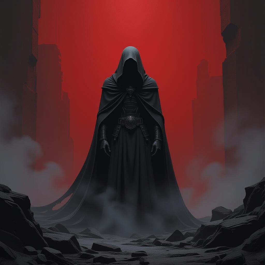 Figure Emerging from Ominous Blood-Red Mist