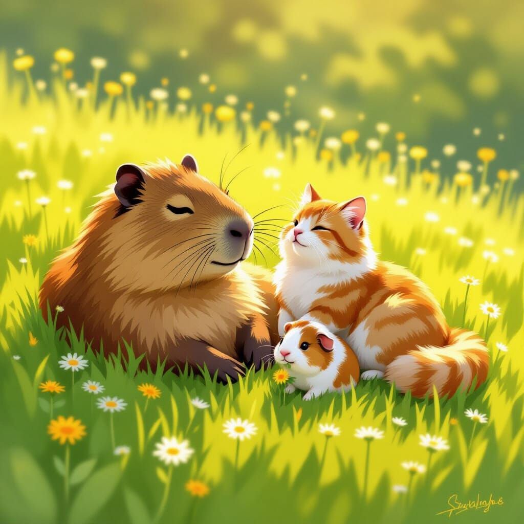 Friendly Capybara, Cat, and Guinea Pig on Sunny Hill