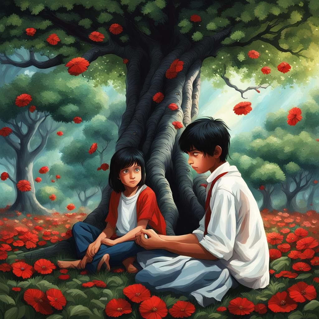 Children Under a Flowering Tree: Detailed Matte Painting