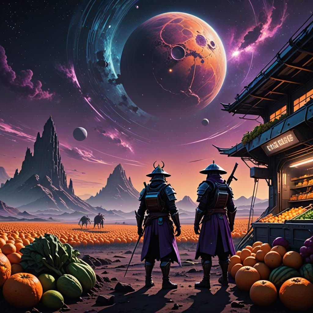Samurai Guarding Alien Farmstand in Cyberpunk Style