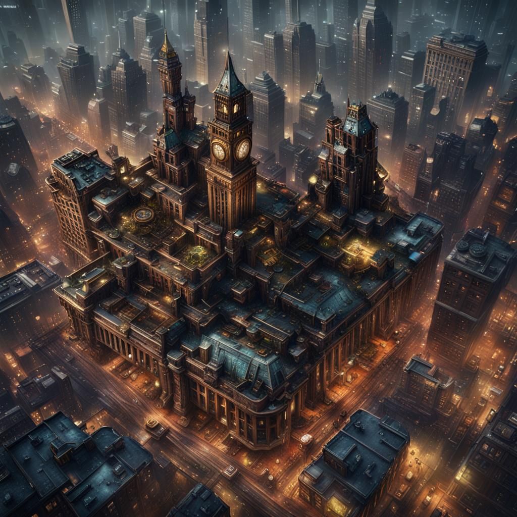 Steampunk New York Aerial View: Detailed Matte Painting