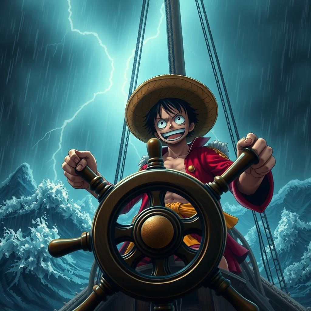 Monkey D. Luffy Navigating Stormy Seas in Photorealistic Det...