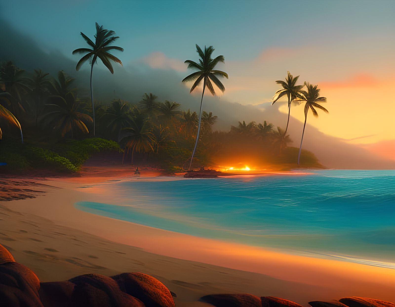 Hawaiian Twilight Beach in Anime Style