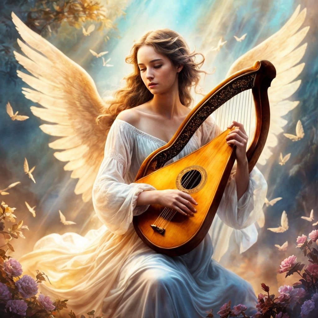Fantasy Art: Angel Playing Harp in Flowing Dress