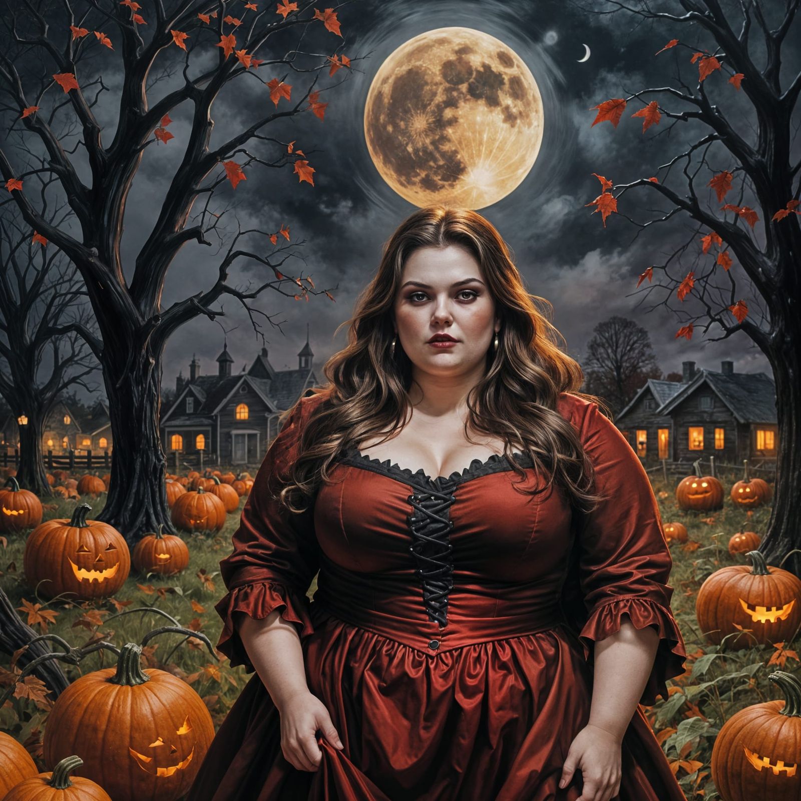 Plus-Sized Vampire in Autumn Pumpkin Patch