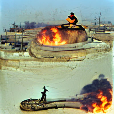 Soldier on Iraqi Tank with Burning Oil
