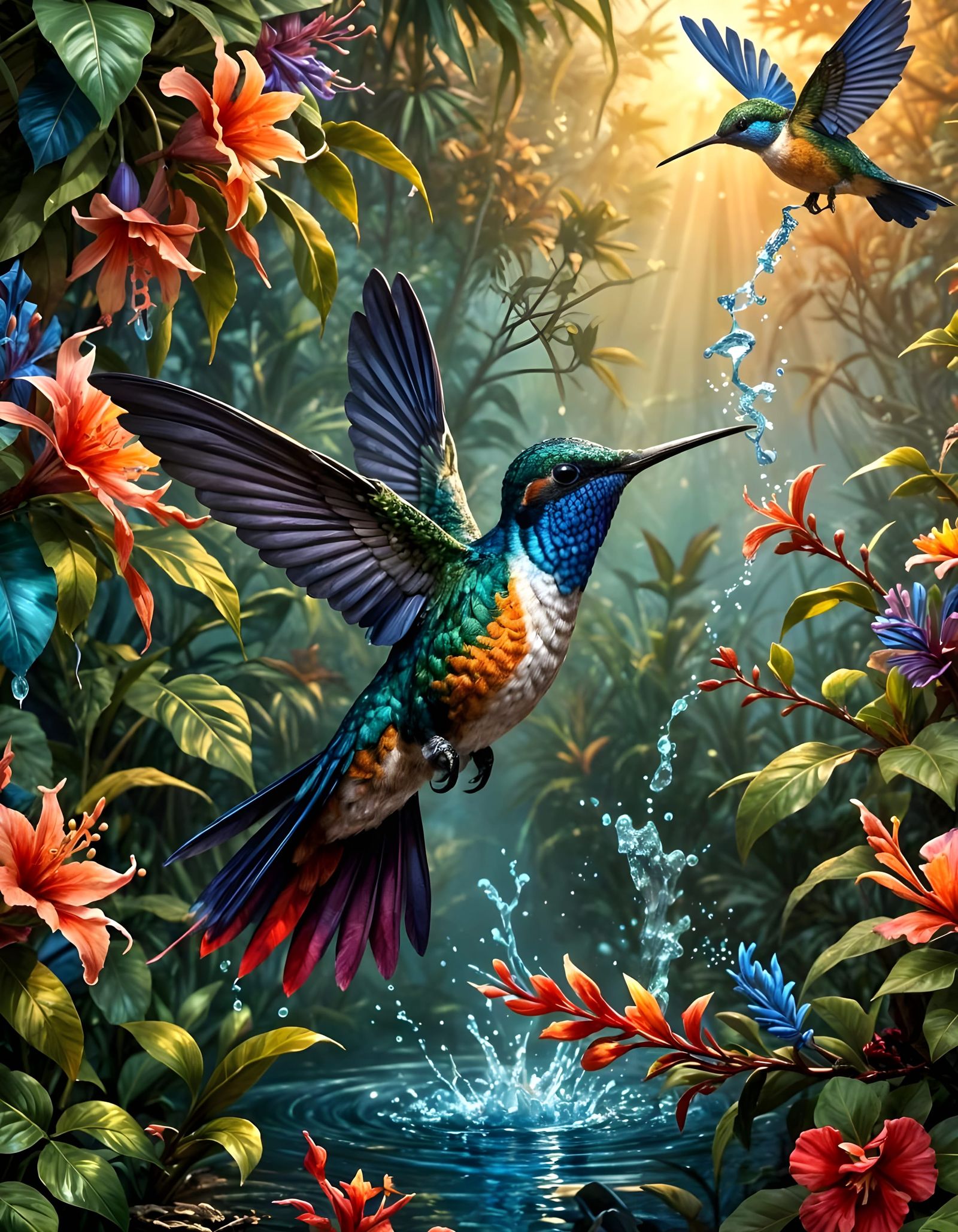 Vibrant Hummingbird in Lush Tropical Inlet