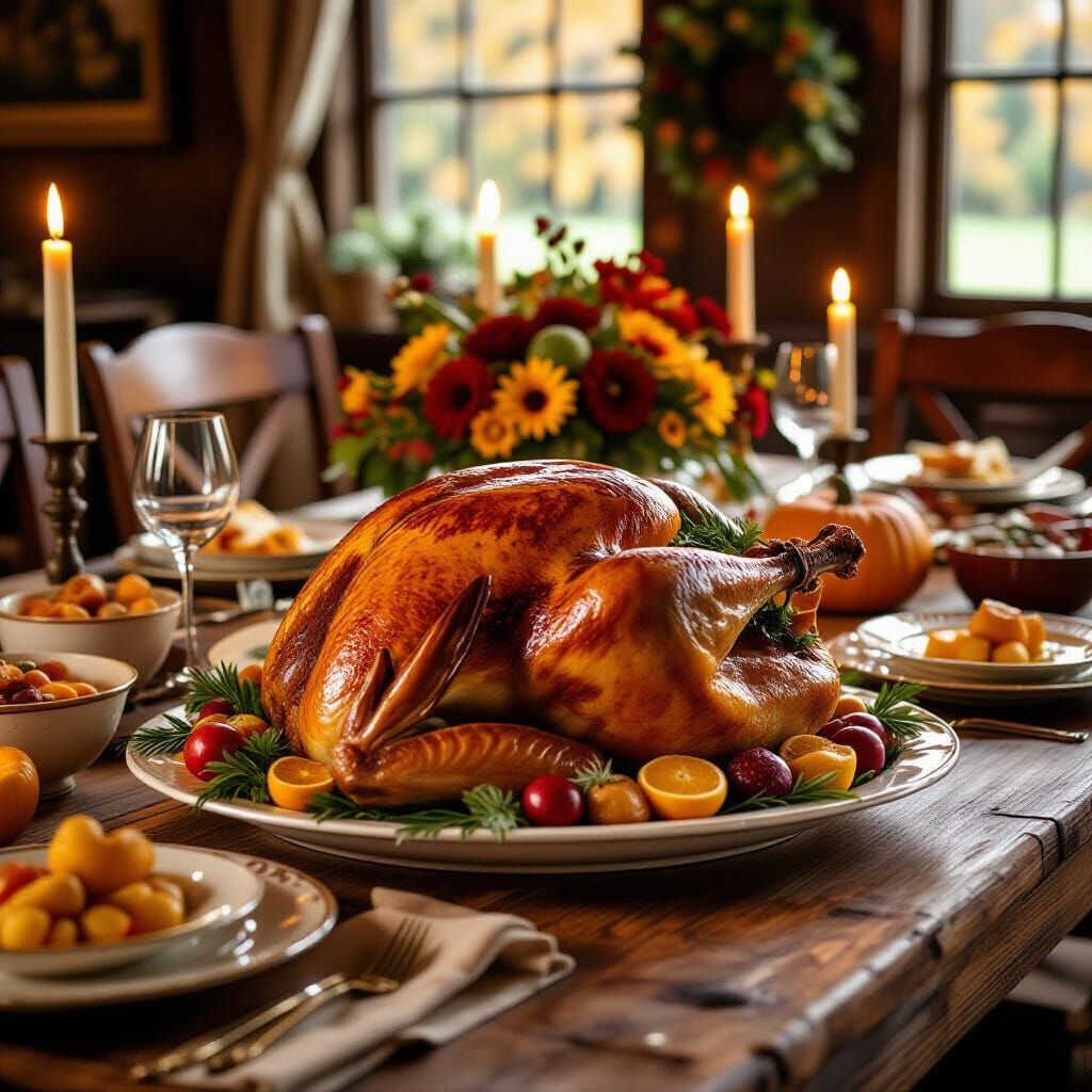 Golden Thanksgiving Turkey on Rustic Table