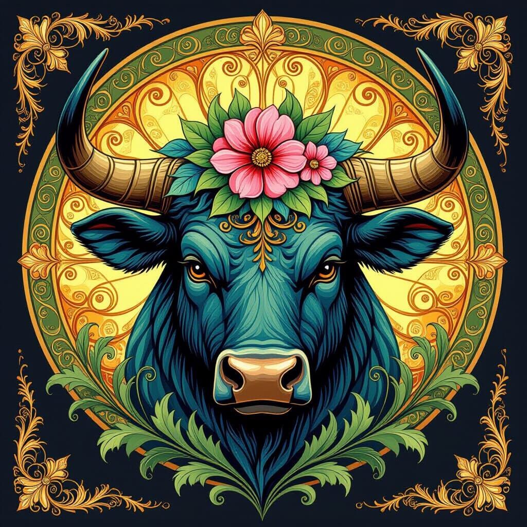 Psychedelic Floral Taurus Bull Head in Dark Academia Style