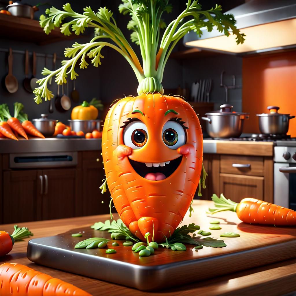 Adorable Chibi Carrot Oil Painting on Kitchen Island